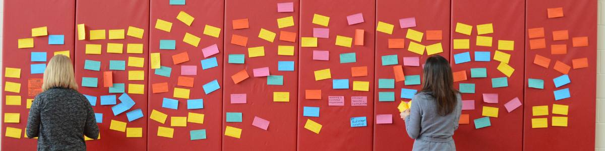 people adding post it notes to a wall 