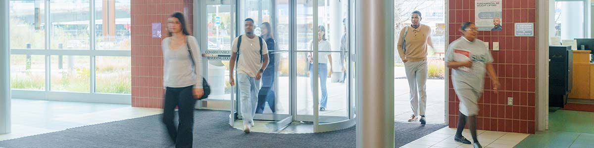 Students entering G-Building 