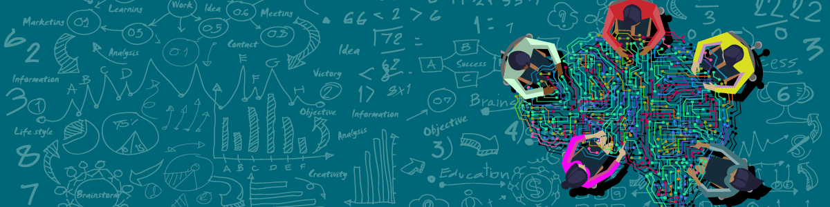 chalkboard with people around a digital table 