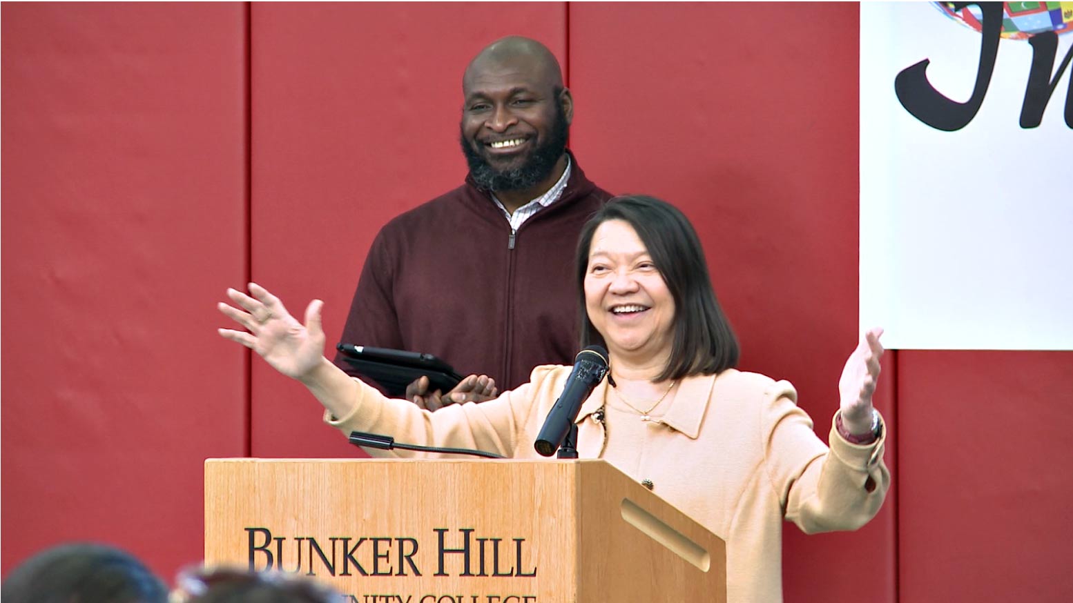 BHCC President Pam Eddinger and Assistant Dean Justice Kumahia welcome international students