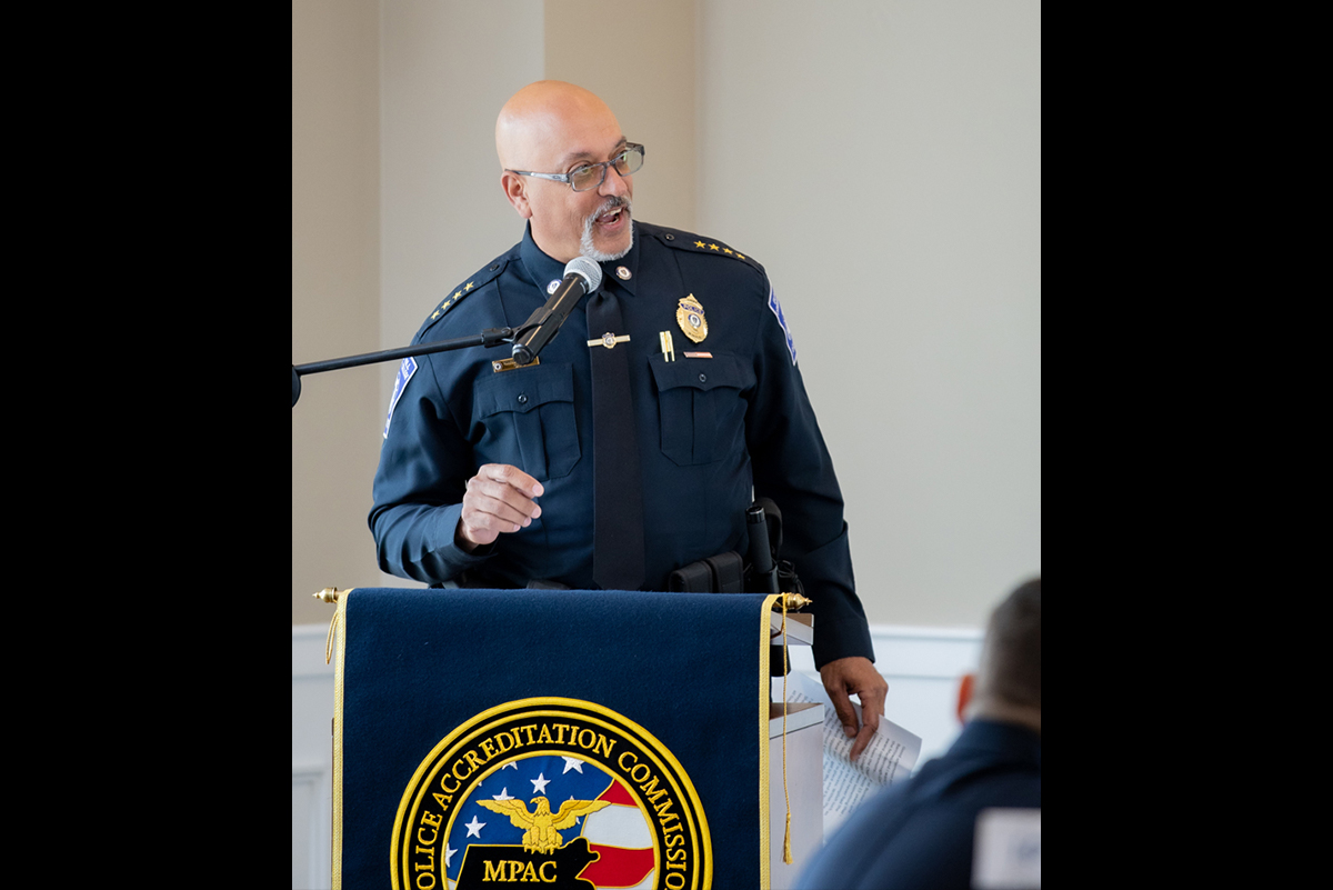 Chief Barrows speaking at podium