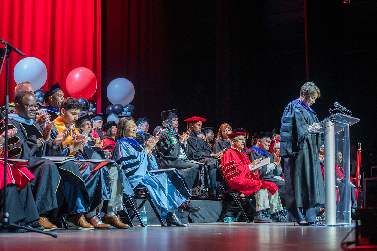 Governor Healey giving a commencement speach