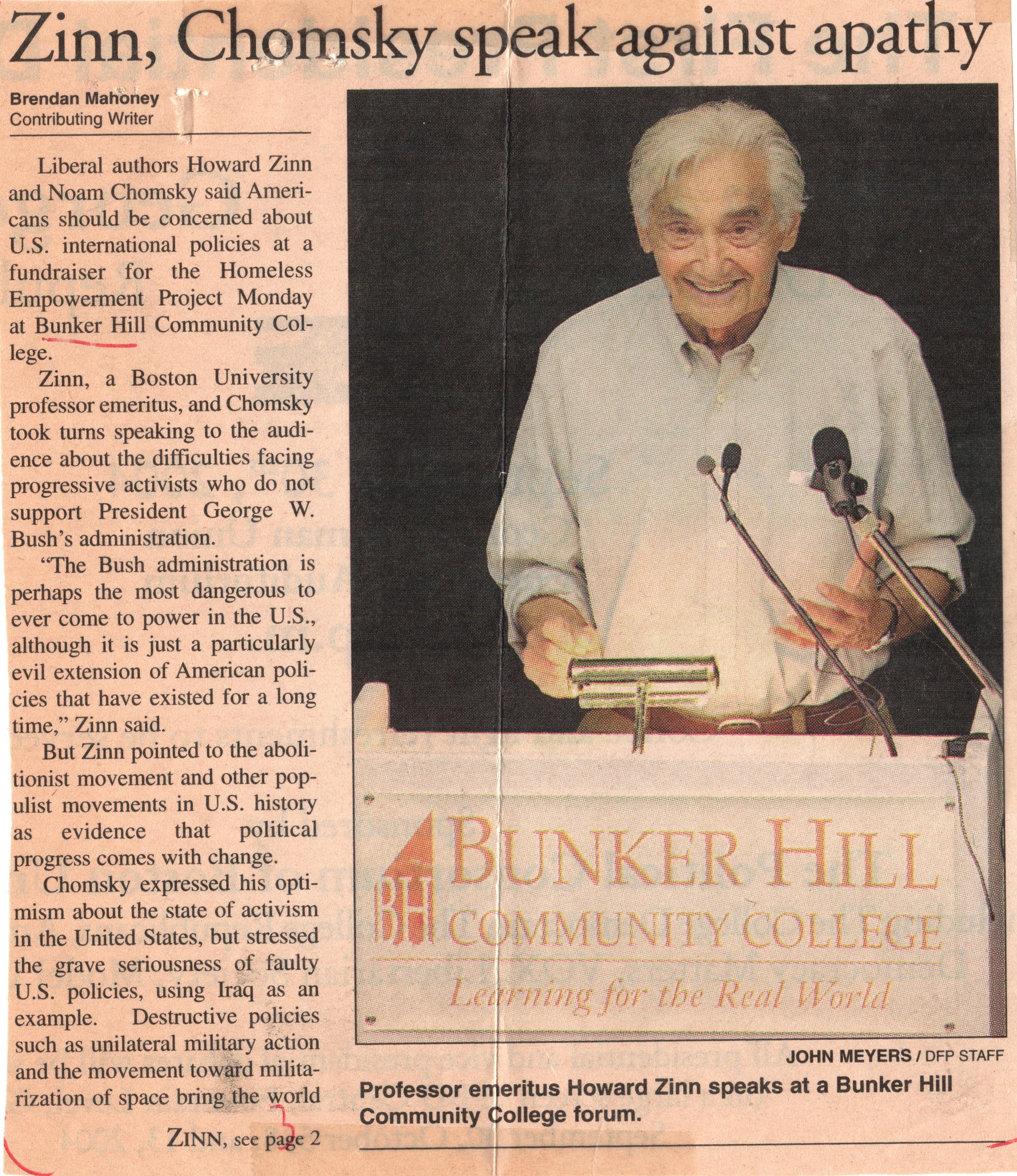 Chomsky_Zinn1_04.jpg - Newspaper article discussing Howard Zinn and Noam Chomsky's event at BHCC
