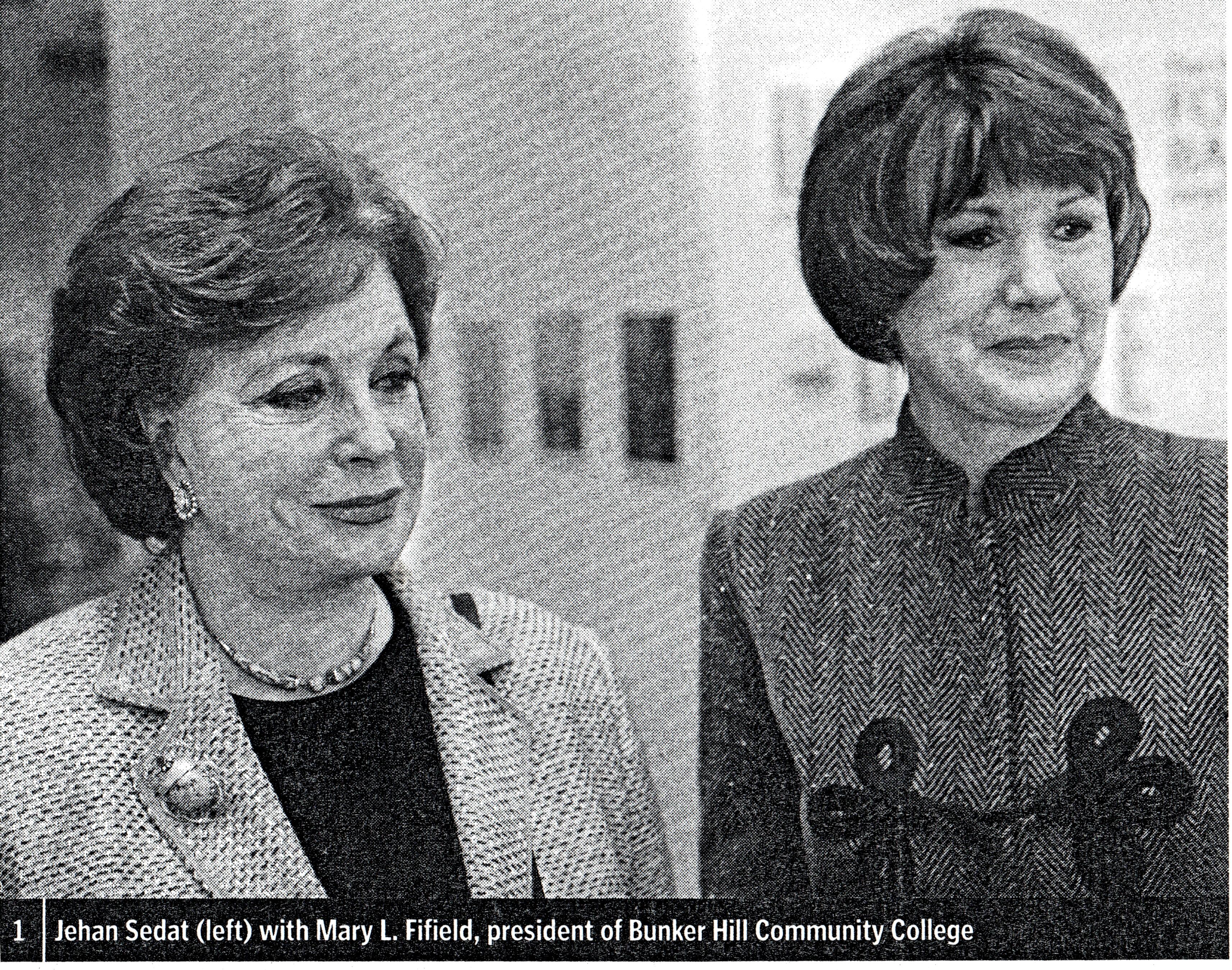Jehan_Sedat_Fifield06.jpg - Black and White photograph of former Egyptian first lady Jehan Sedat with President Fifield