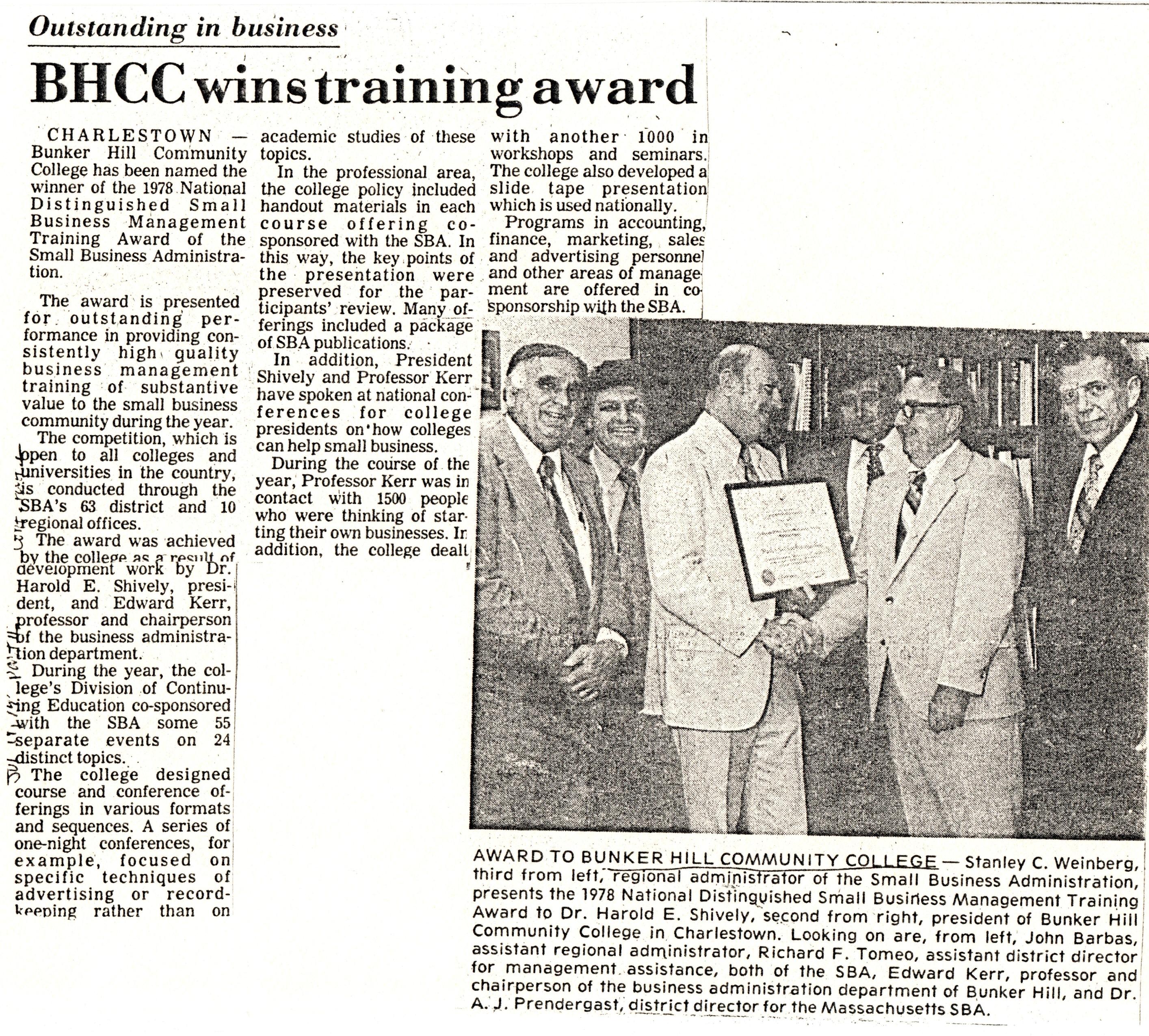 BHCC Training Award 1979