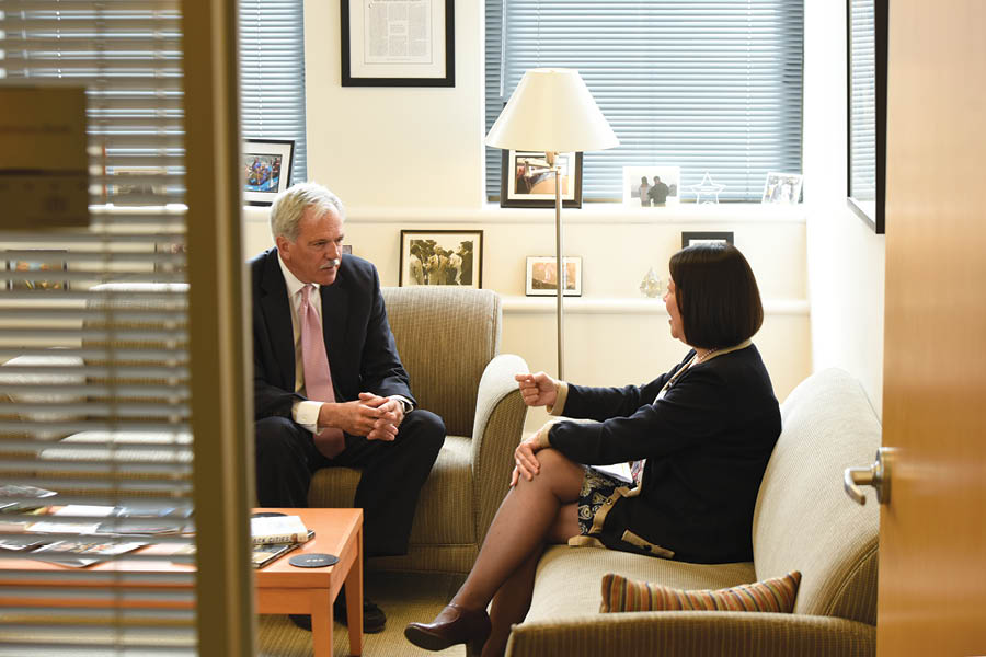 Boston Foundation President and CEO Paul Grogan and BHCC President Pam Eddinger seated and in conversation.