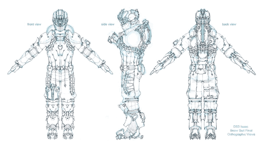 Science in Space:  Space Suit Schematic.  Front, side and back views.  