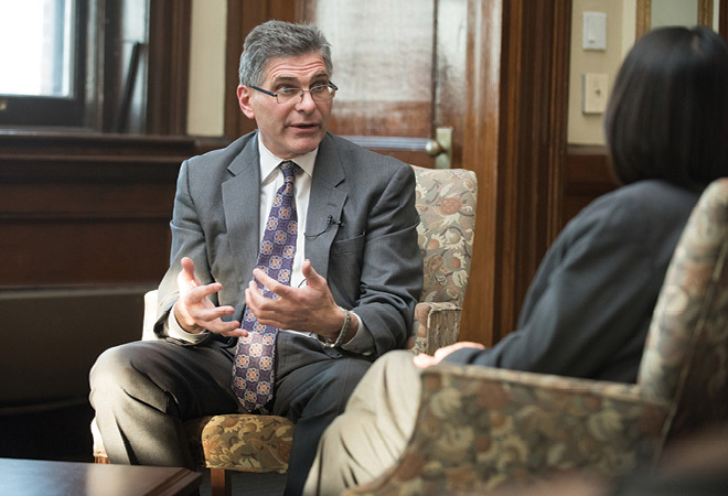 Interview with President Eddinger and  City Manager Thomas G. Ambrosino sitting in a room 