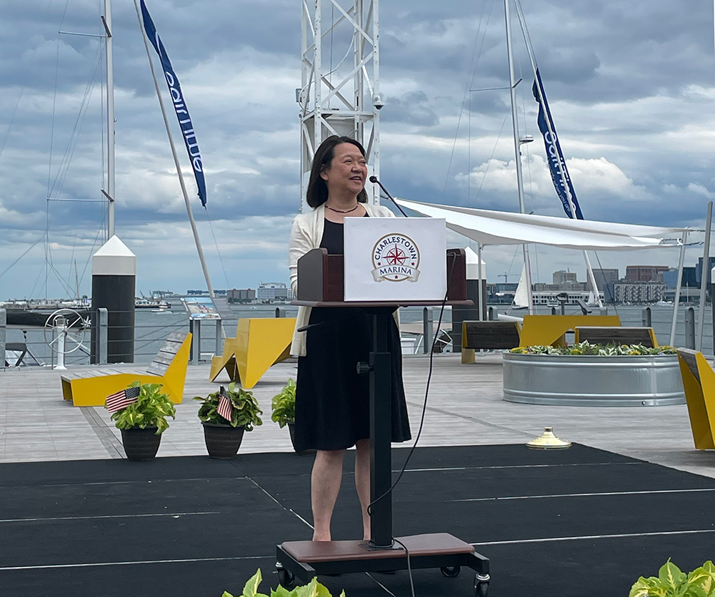 Pam Eddinger on stage at Marine Technician Program press announcement