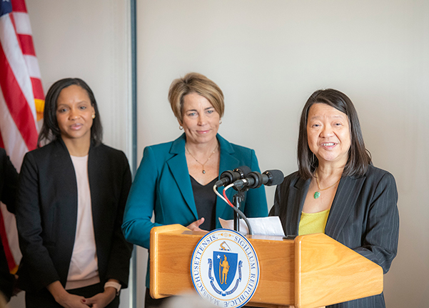 Governor Healey and Pam Eddinger at a BHCC podium