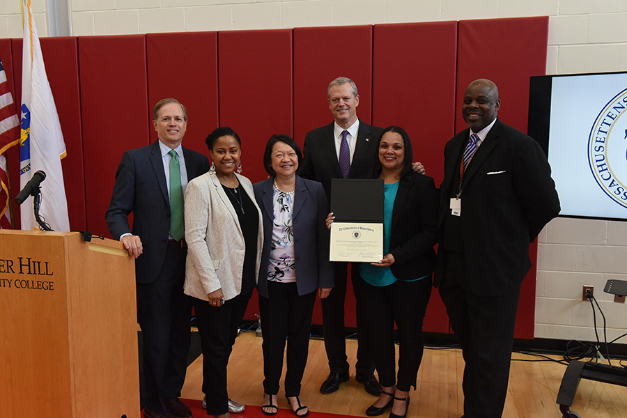 Governor Charlie Baker, Education Secretary James Peyser, BHCC President Pam Eddinger and others